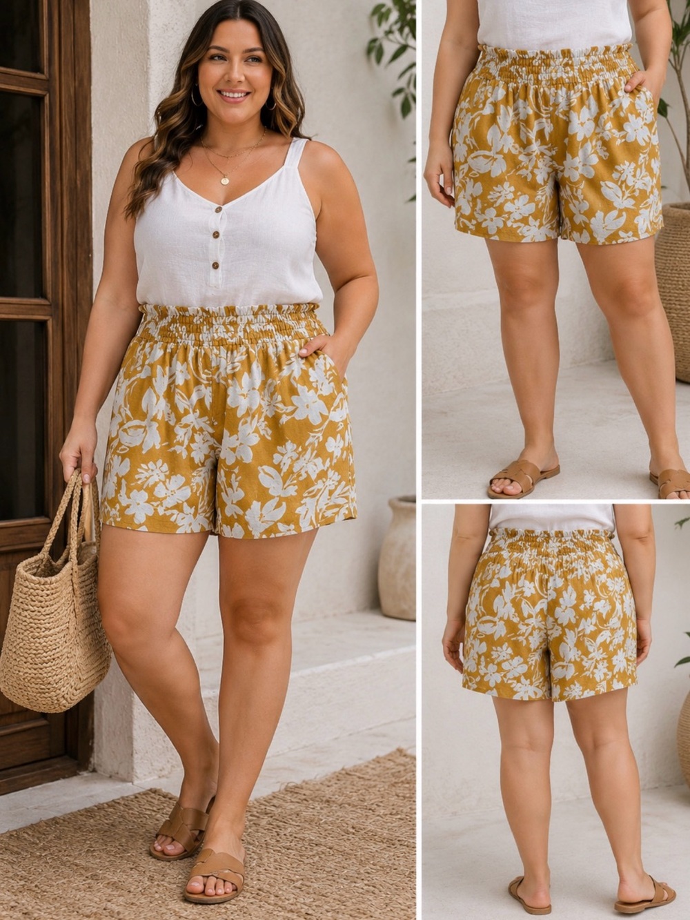 Ava & Viv Mustard Floral Smocked-Waist Shorts